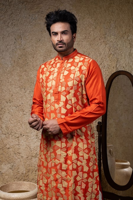 Buy_Priyanka Haralalka_Rust Cotton, Silk Embroidery, Applique Kurta And Pant Set _Online_at_Aza_Fashions