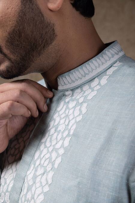 Buy_Priyanka Haralalka_Blue Cotton, Linen Embroidery Sea Applique Kurta Set _Online_at_Aza_Fashions