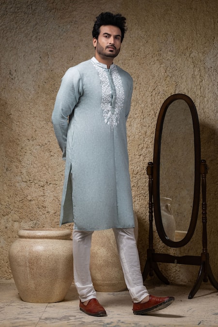 Shop_Priyanka Haralalka_Blue Cotton, Linen Embroidery Sea Applique Kurta Set _Online_at_Aza_Fashions