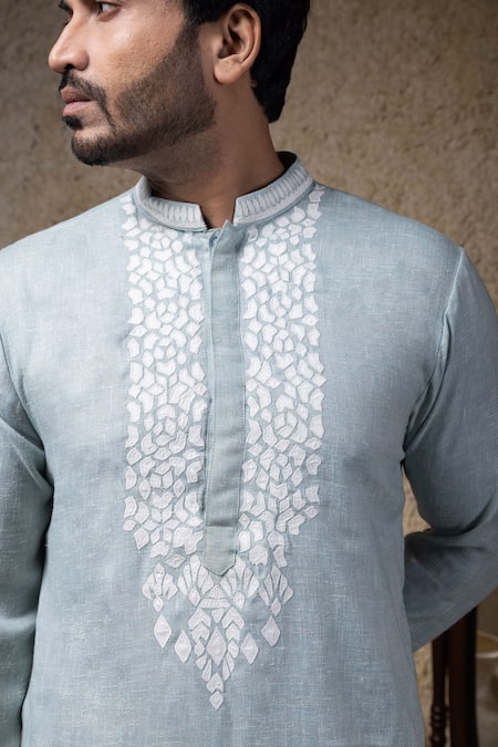 Priyanka Haralalka_Blue Cotton, Linen Embroidery Sea Applique Kurta Set _at_Aza_Fashions