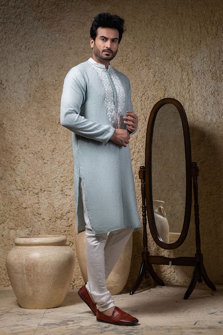 Buy_Priyanka Haralalka_Blue Cotton, Linen Embroidery Sea Applique Kurta Set 