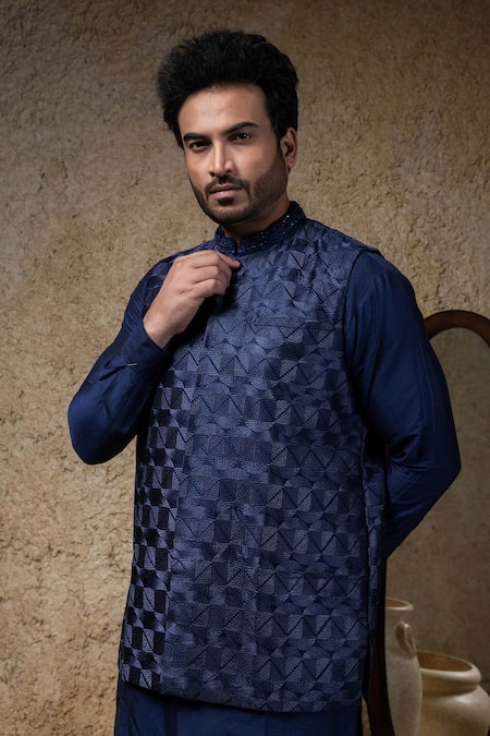 Buy_Priyanka Haralalka_Navy Cotton, Silk Embroidery Blue Nehru Jacket Set _Online_at_Aza_Fashions