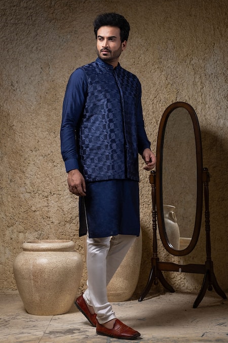 Priyanka Haralalka_Navy Cotton, Silk Embroidery Blue Nehru Jacket Set _at_Aza_Fashions