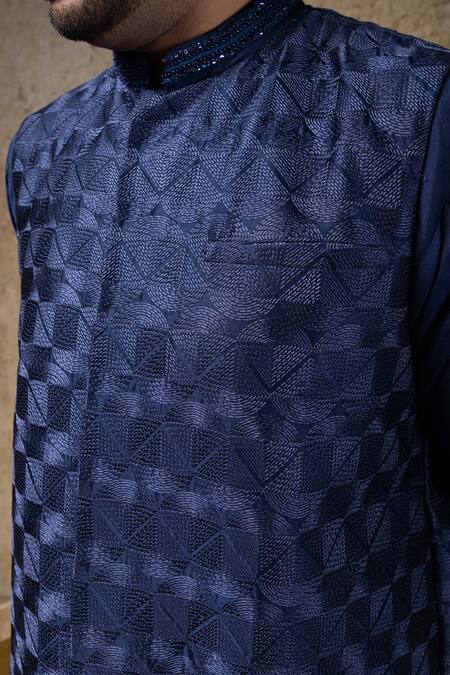 Buy_Priyanka Haralalka_Navy Cotton, Silk Embroidery Blue Nehru Jacket Set 