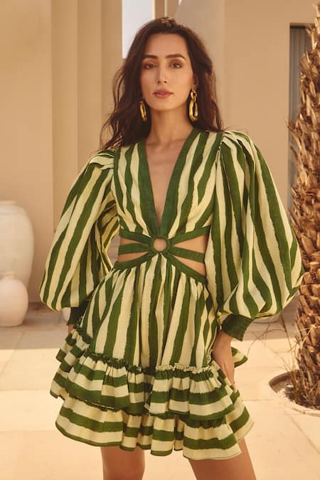 Shop House Of Eda Green Linen, Cotton Plunge Neck Striped Mini Dress Online at Aza Fashions Shop_House Of Eda_Green Linen, Cotton Plunge Neck Striped Mini Dress _Online_at_Aza_Fashions