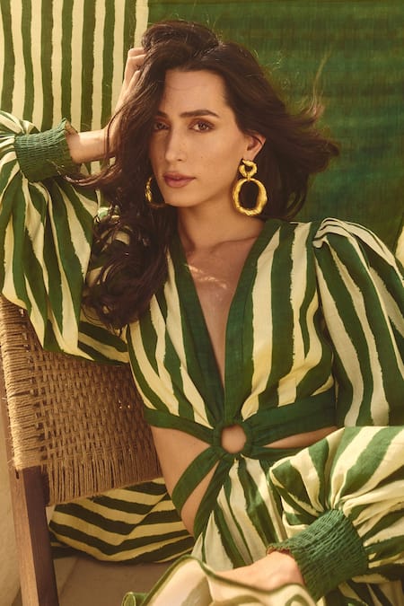 Buy House Of Eda Green Linen, Cotton Plunge Neck Striped Mini Dress Buy_House Of Eda_Green Linen, Cotton Plunge Neck Striped Mini Dress