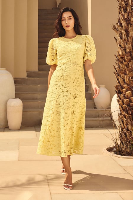 House Of Eda Yellow Cotton Round Neck Lace Overlay Midi Dress Online at Aza Fashions House Of Eda_Yellow Cotton Round Neck Lace Overlay Midi Dress _Online_at_Aza_Fashions