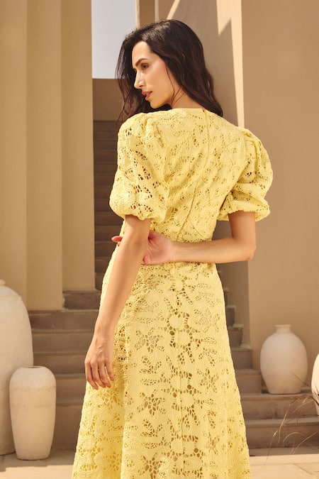 Buy House Of Eda Yellow Cotton Round Neck Lace Overlay Midi Dress Online at Aza Fashions Buy_House Of Eda_Yellow Cotton Round Neck Lace Overlay Midi Dress _Online_at_Aza_Fashions