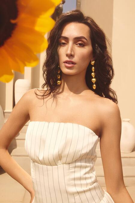 Shop_House Of Eda_Ivory Viscose, Polyester Off-shoulder Stripe Strapless Dress _Online_at_Aza_Fashions