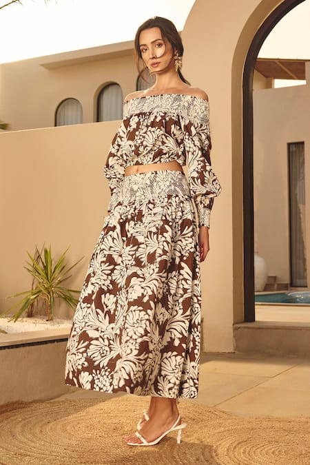 House Of Eda_Brown Cotton Off-shoulder Floral Print Co-ord Set _Online_at_Aza_Fashions