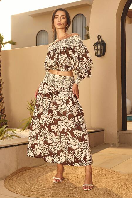 Shop_House Of Eda_Brown Cotton Off-shoulder Floral Print Co-ord Set _Online_at_Aza_Fashions