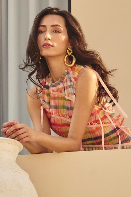 House Of Eda_Pink Nylon, Cotton Mandarin Collar Ruched Midi Dress _Online_at_Aza_Fashions