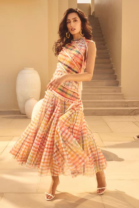 Buy_House Of Eda_Pink Nylon, Cotton Mandarin Collar Ruched Midi Dress _Online_at_Aza_Fashions