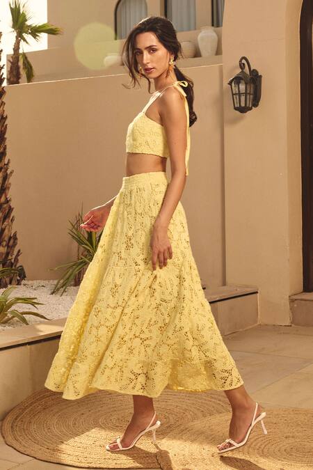 House Of Eda_Yellow Cotton Embroidery Square Neck Co-ord Set _Online_at_Aza_Fashions