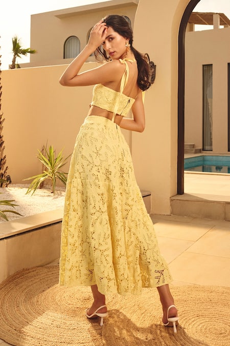 House Of Eda Yellow Embroidered Co-ord Set 