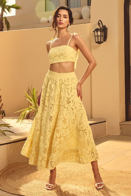 Shop_House Of Eda_Yellow Cotton Embroidery Square Neck Co-ord Set _Online_at_Aza_Fashions