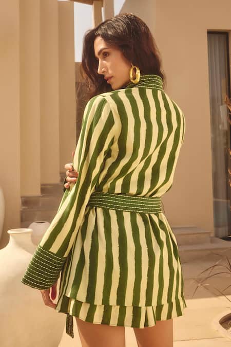 House Of Eda Green Striped Linen Kimono & Shorts Set 