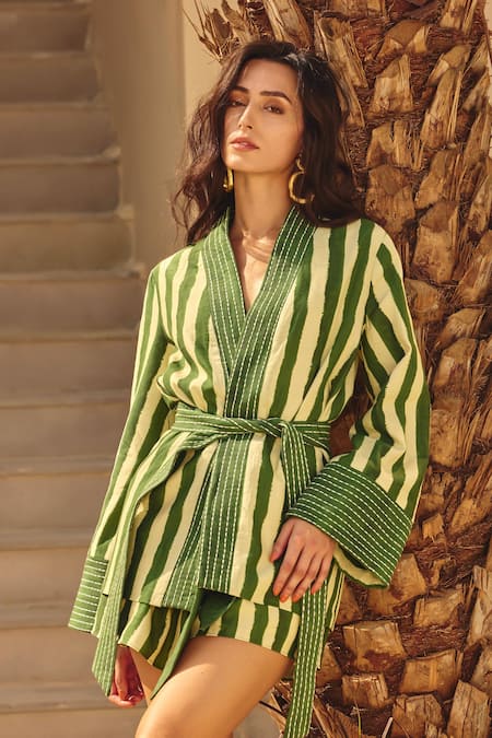Shop_House Of Eda_Green Linen, Cotton V-neck Striped Kimono And Shorts Set _Online_at_Aza_Fashions