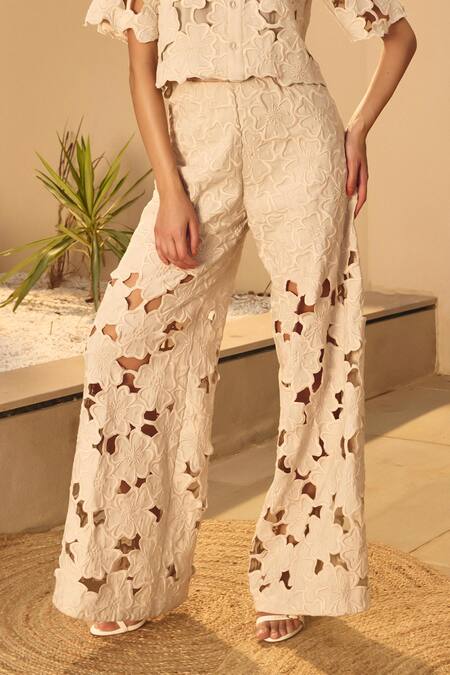 House Of Eda_Beige Linen, Cotton Embroidery Collared Cropped Co-ord Set _Online_at_Aza_Fashions
