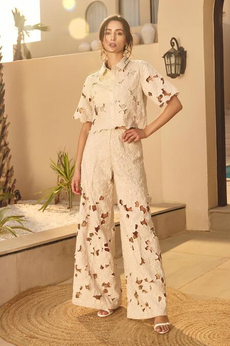 Buy_House Of Eda_Beige Linen, Cotton Embroidery Collared Cropped Co-ord Set _Online_at_Aza_Fashions