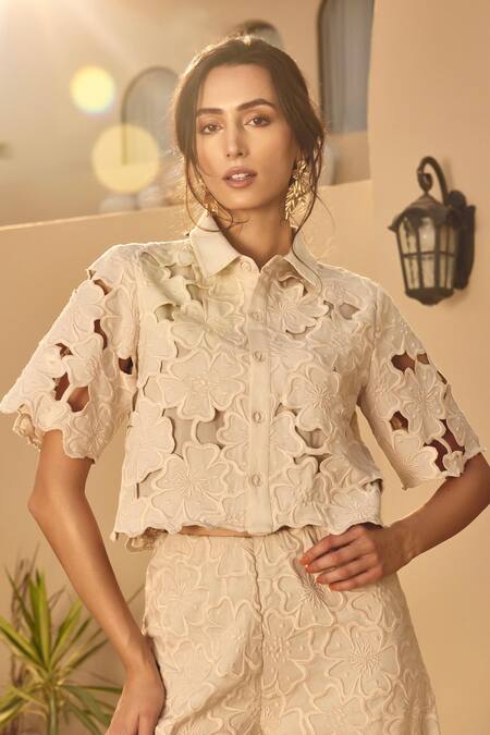 Shop_House Of Eda_Beige Linen, Cotton Embroidery Collared Cropped Co-ord Set _Online_at_Aza_Fashions