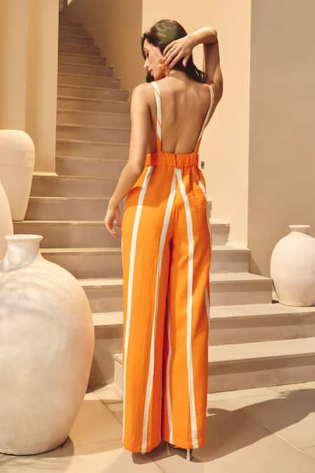 House Of Eda Striped Orange Designer Jumpsuit 