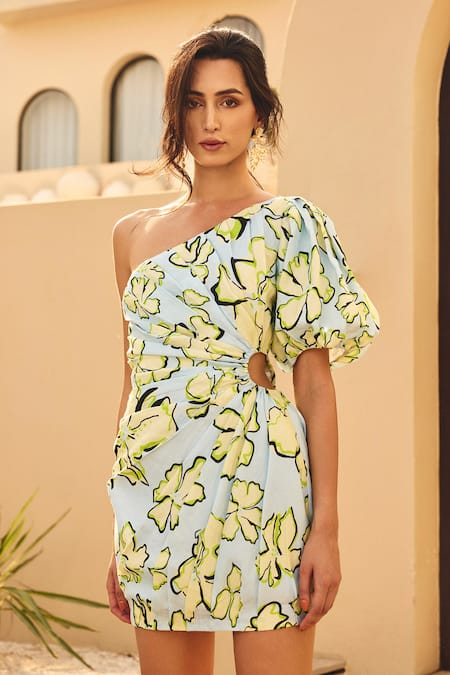 House Of Eda_Blue Linen, Silk One Shoulder Floral Print Dress _Online_at_Aza_Fashions