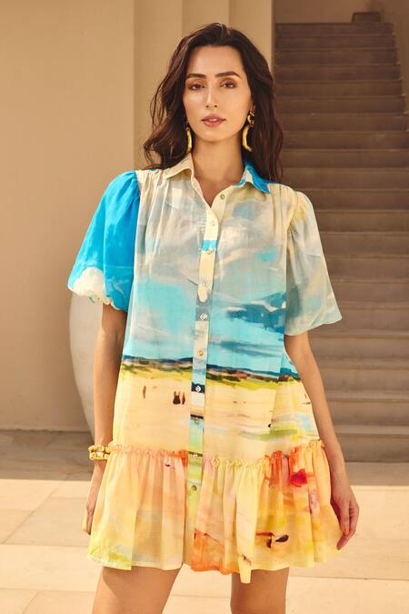 Buy_House Of Eda_Blue Silk, Cotton Collared Tiered Digital Print Dress _Online_at_Aza_Fashions