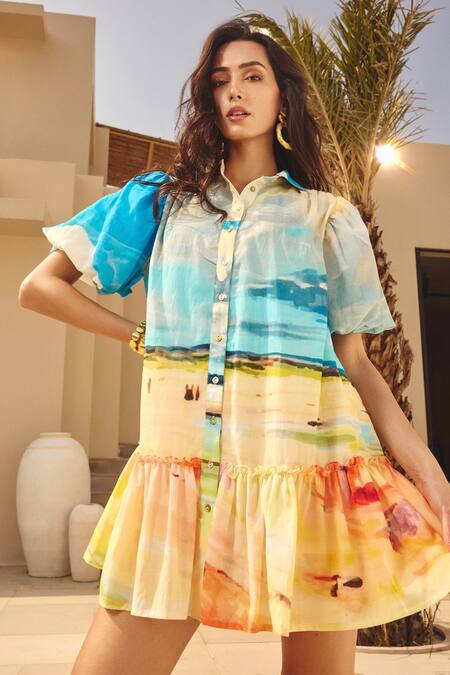 Shop_House Of Eda_Blue Silk, Cotton Collared Tiered Digital Print Dress _Online_at_Aza_Fashions