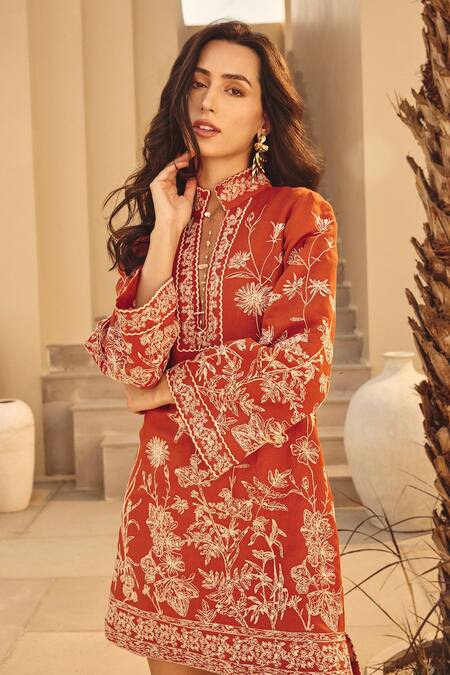 Buy_House Of Eda_Brown Linen, Cotton Embroidery Split V-neck Shift Tunic Dress _Online_at_Aza_Fashions