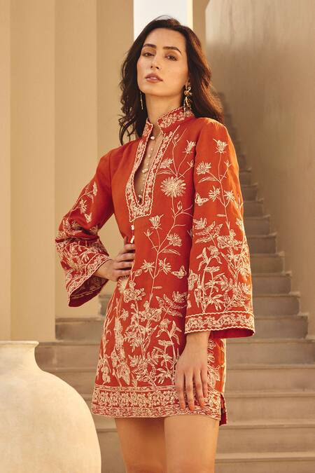 Shop_House Of Eda_Brown Linen, Cotton Embroidery Split V-neck Shift Tunic Dress _Online_at_Aza_Fashions