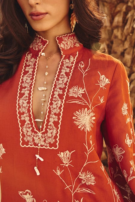 House Of Eda_Brown Linen, Cotton Embroidery Split V-neck Shift Tunic Dress _at_Aza_Fashions