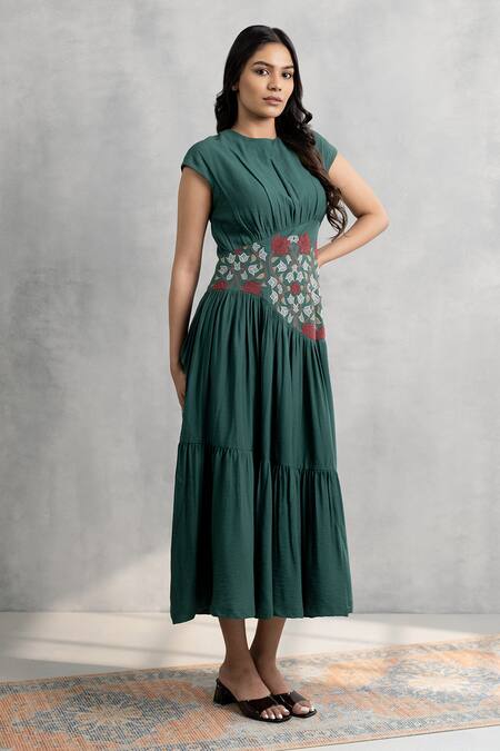 Neelu And Manvi_Green Georgette Applique Round Neck Designer Dress _Online_at_Aza_Fashions