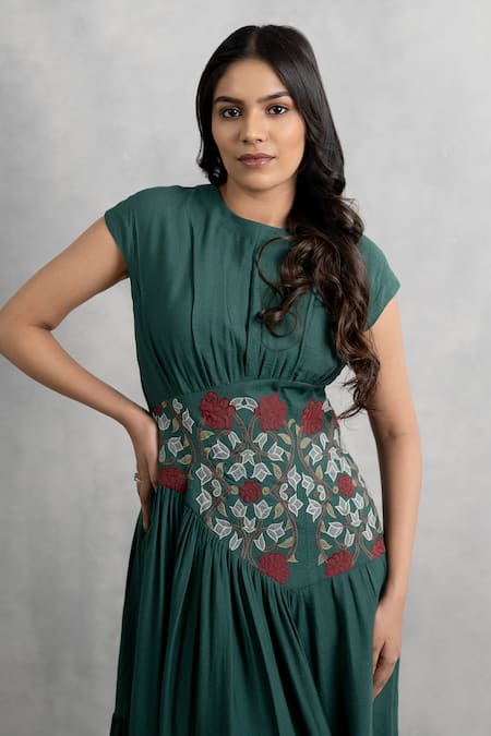 Buy_Neelu And Manvi_Green Georgette Applique Round Neck Designer Dress _Online_at_Aza_Fashions