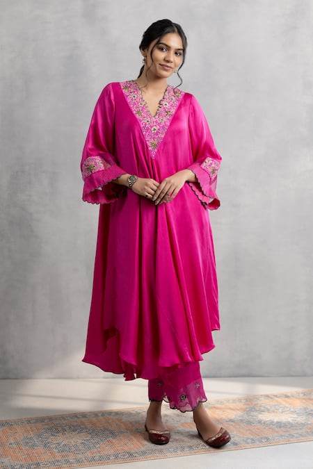 Neelu And Manvi Pink Satin Hand Embroidered Kurta Set 