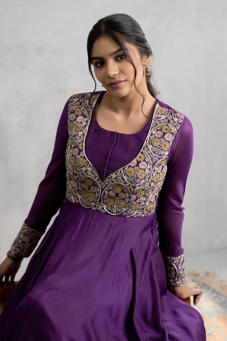 Neelu And Manvi_Purple Cotton, Silk Embroidery Round Neck Designer Gown _Online_at_Aza_Fashions