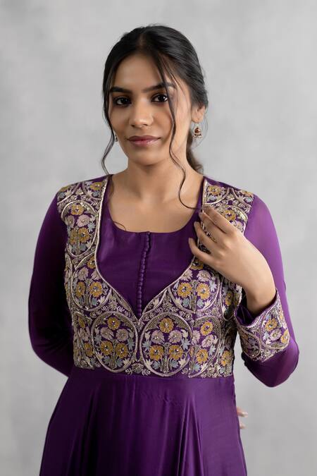 Buy_Neelu And Manvi_Purple Cotton, Silk Embroidery Round Neck Designer Gown _Online_at_Aza_Fashions