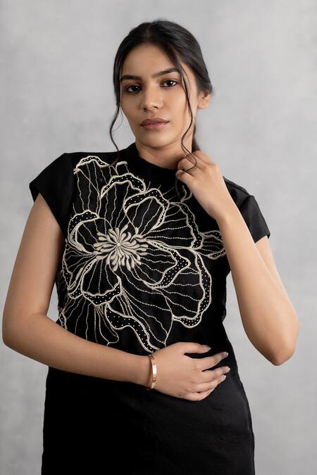 Neelu And Manvi_Black Organza Embroidery Mandarin Collar Floral Dress _Online_at_Aza_Fashions