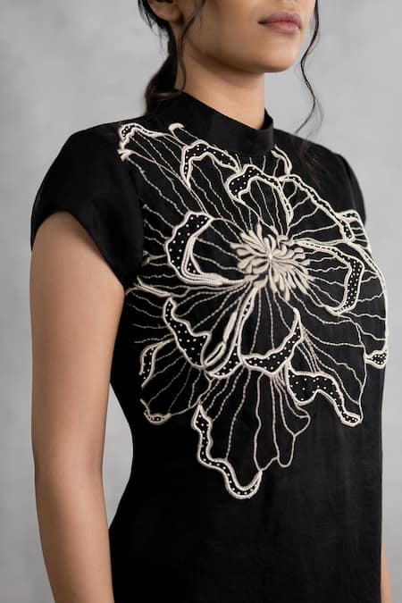 Shop_Neelu And Manvi_Black Organza Embroidery Mandarin Collar Floral Dress _Online_at_Aza_Fashions