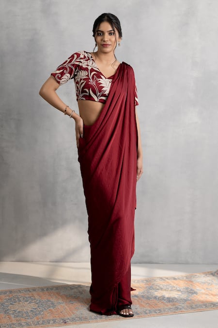 Shop_Neelu And Manvi_Maroon Satin, Organza Embroidery, Applique V-neck Saree Set _Online_at_Aza_Fashions