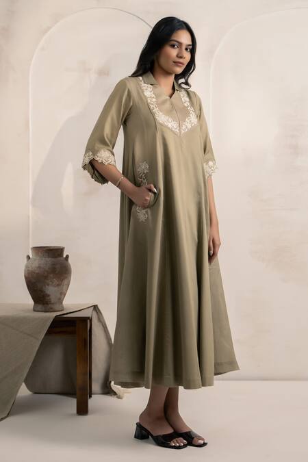Neelu And Manvi_Green Chanderi, Cotton Satin Embroidery Collared Machine Dress _Online_at_Aza_Fashions