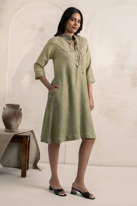 Neelu And Manvi_Green Cotton Embroidery Open Neck Hand Dress _Online_at_Aza_Fashions