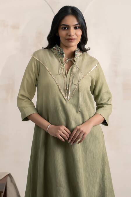 Buy_Neelu And Manvi_Green Cotton Embroidery Open Neck Hand Dress _Online_at_Aza_Fashions
