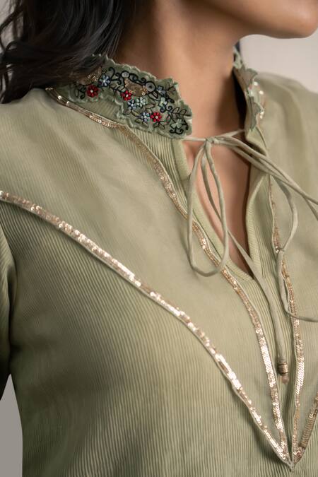 Shop_Neelu And Manvi_Green Cotton Embroidery Open Neck Hand Dress _Online_at_Aza_Fashions