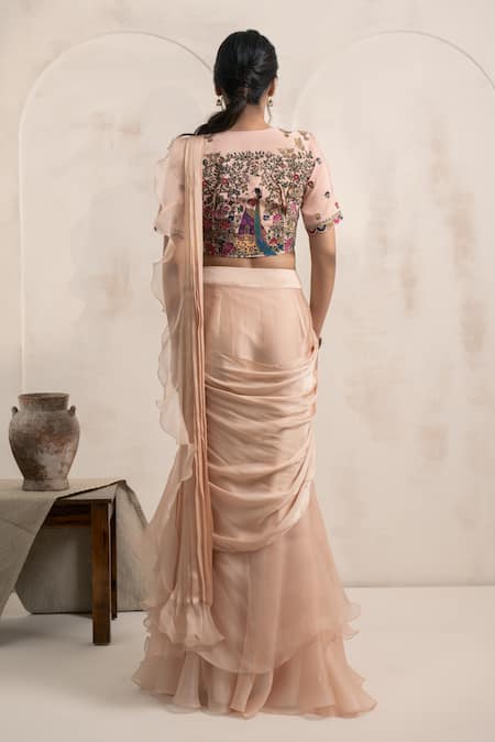 Neelu And Manvi Ruffled Pre-Draped Satin Saree Set 