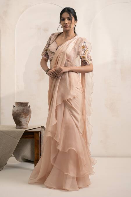 Neelu And Manvi_Pink Satin, Organza Embroidery Round Neck Ruffled Pre-draped Saree With Blouse _Online_at_Aza_Fashions