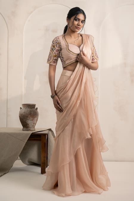 Neelu And Manvi Ruffled Pre-Draped Pink Saree With Blouse 