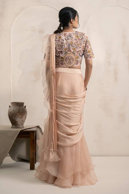 Neelu And Manvi Ruffled Pre-Draped Pink Saree With Blouse 