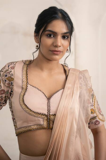 Shop_Neelu And Manvi_Pink Satin, Organza Embroidery Round Neck Ruffled Pre-draped Saree With Blouse _Online_at_Aza_Fashions