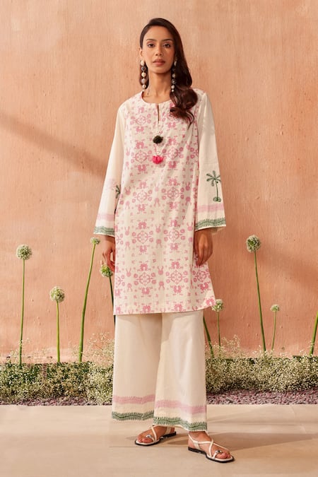 Seema Nanda_Ivory Cotton, Poplin Embroidery Round Neck Floral Print Kurta Set _at_Aza_Fashions